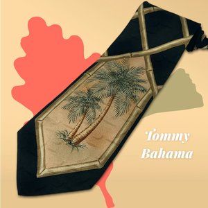 TOMMY BAHAMA Elegant Black Wide Silk Tie with Bamboo Diamond Palm Tree Graphic